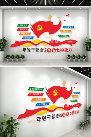 中央电视台老台徽海报模板_年轻干部七种能力 红旗  党徽红色 大气文化墙
