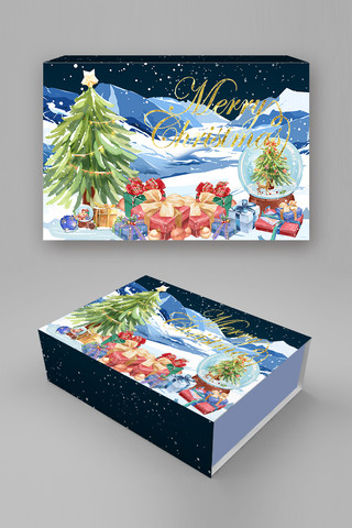 圣诞节包装海报模板_圣诞节水晶球 圣诞树蓝色水彩包装礼盒