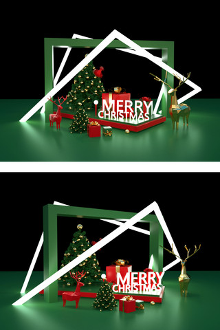 麋鹿海报模板_圣诞节麋鹿圣诞树绿色立体美陈