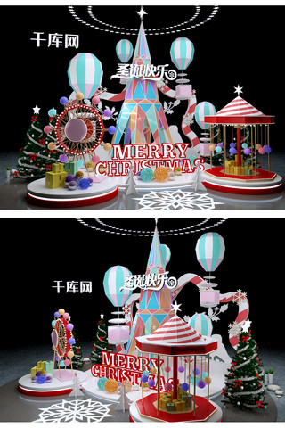 商场门头设计海报模板_圣诞节美陈场景模型气球摩天轮蓝色红色卡通现代美陈
