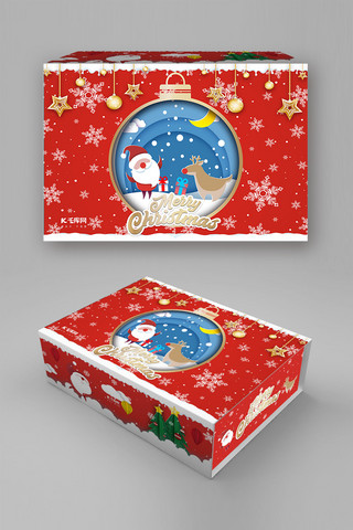 剪纸礼盒海报模板_圣诞节圣诞老人红色剪纸风包装礼盒