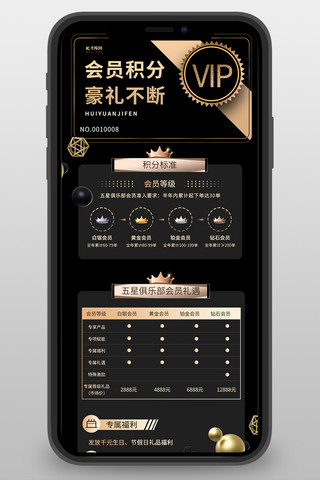 vip界面海报模板_会员积分奖品黑金简约营销长图H5