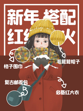 冬季小帽子海报模板_新年搭配女孩红色喜庆小红书封面