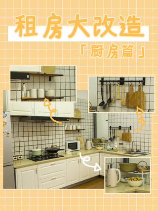 手绘厨房海报模板_租房大改造厨房篇厨房黄色手绘小红书封面