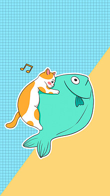 卡通动物小猫摸鱼蓝色黄色简约手机壁纸