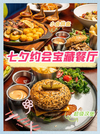 餐厅推荐海报模板_七夕约会宝藏餐厅餐厅黄色摄影小红书