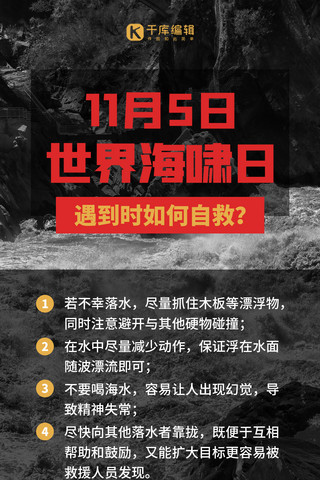 海啸日海报模板_世界海啸日自救知识黑色简约海报