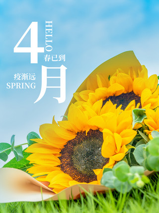 4月你好海报模板_4月你好向日葵蓝色简约小红书