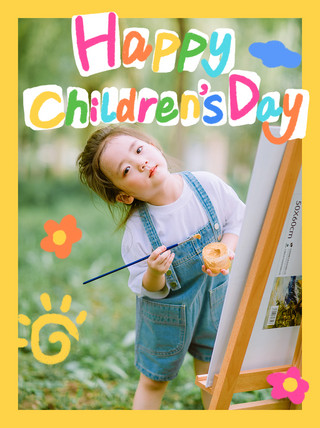 液化写真海报模板_六一儿童节自拍写真黄色可爱涂鸦风小红书封面