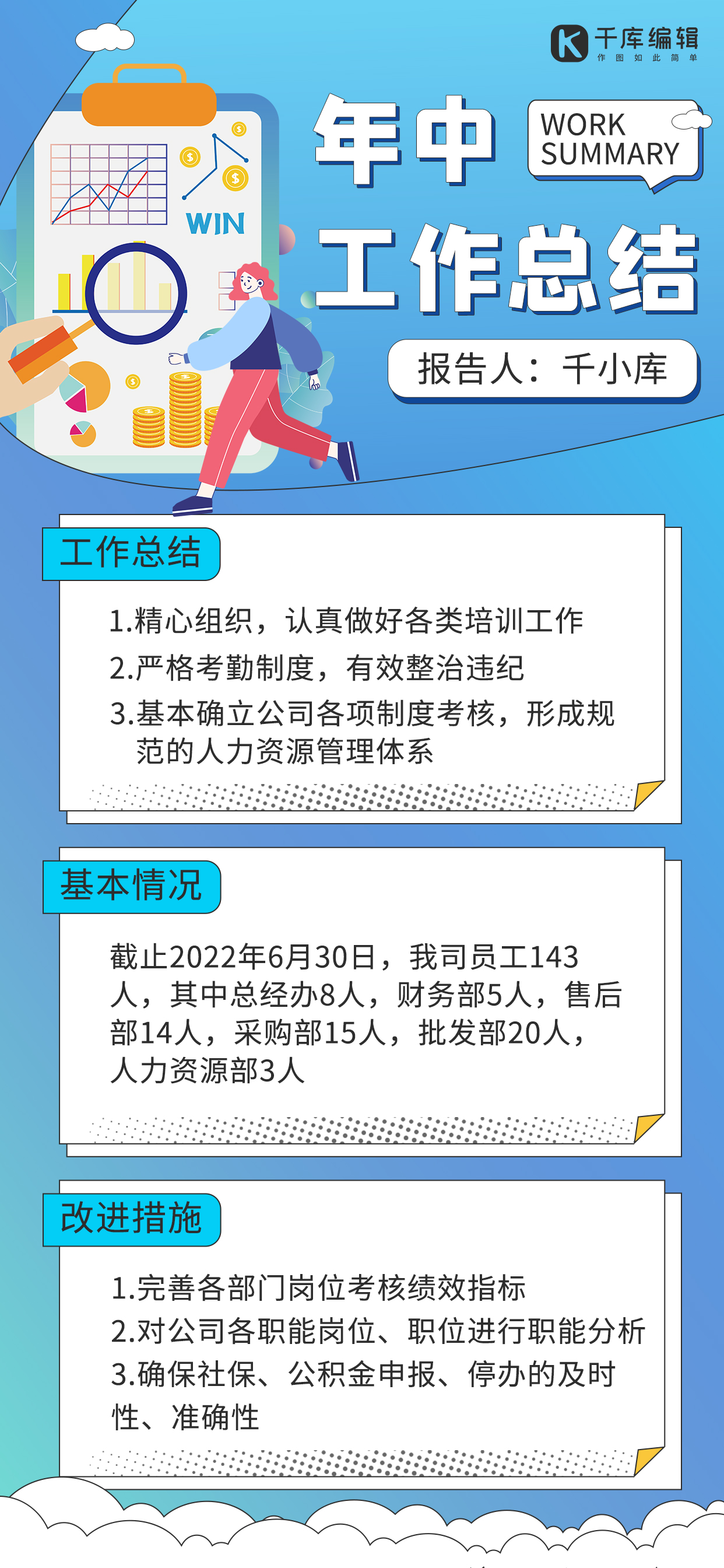 年中工作总结总结报告蓝色渐变扁平全屏海报图片