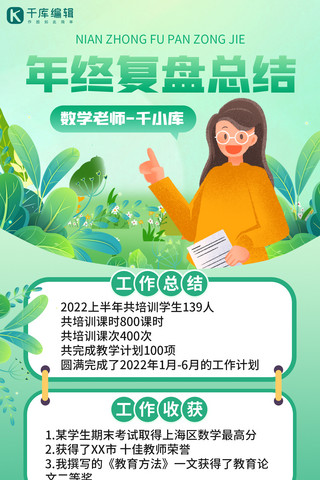 教师年中复盘总结绿色清新全屏手机海报