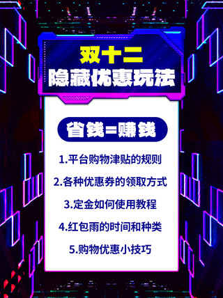 双十二隐藏优惠玩法洋青色赛博朋克风小红书配图