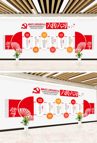 六海报模板_新时代文明实践站六传六习党政党建红色大气文化墙