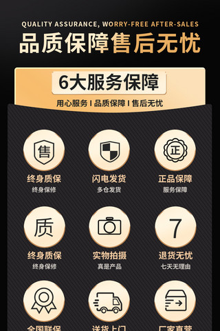 保障保障海报模板_情页售后保障售后说明元素元素黑金色渐变电商设计