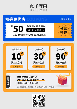 艺术班招生海报海报模板_优惠券模版优惠券蓝色 橙色简约海报