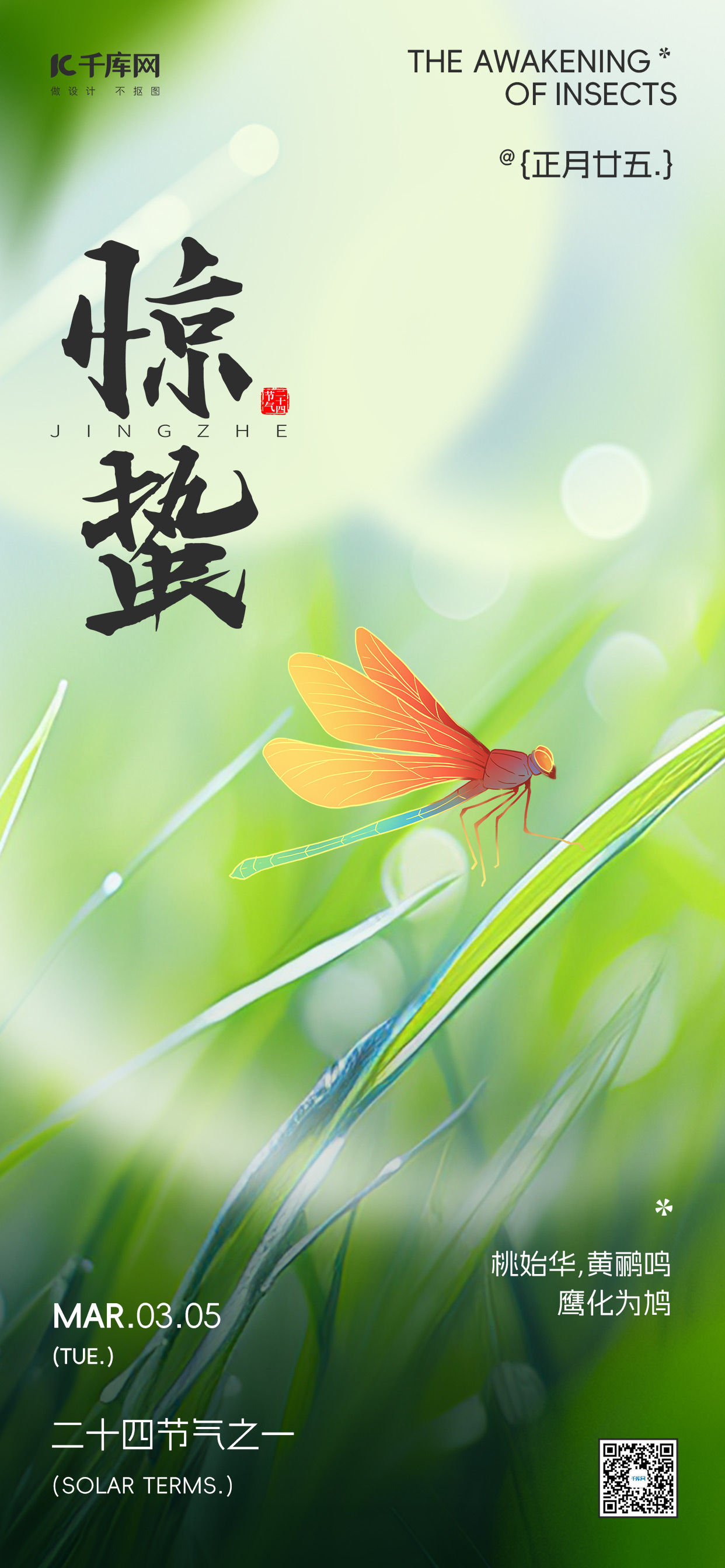 惊蛰蜻蜓绿叶彩色简约创意节气海报海报设计图片