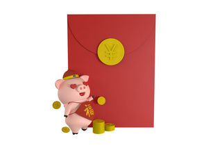 猪年新年春节立体海报模板_c4d立体红包小猪免费下载