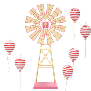 气球立体c4d海报模板_C4D粉嫩卡通小风车立体气球