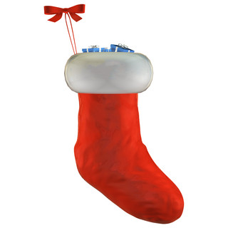 红白丝带礼物海报模板_圣诞节圣诞袜子C4D立体3D礼物装饰