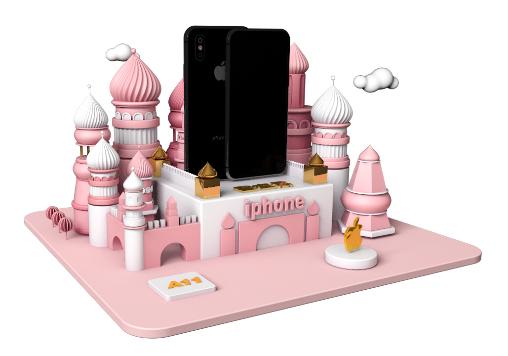 C4D粉色少女系城市风小城堡手机广告图片