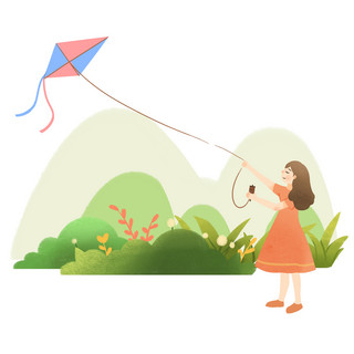 一家人放风筝海报模板_放风筝的小女孩插画