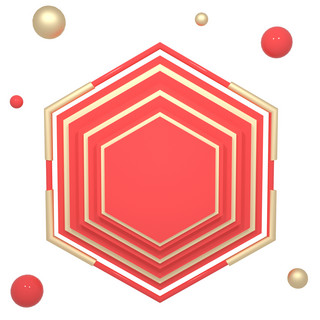 C4D红金色六角形舞台背景立体漂浮元素