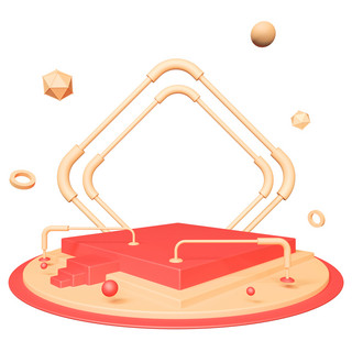 立体免扣海报模板_电商主题C4D红金色舞台底座底盘立体几何免扣图元素