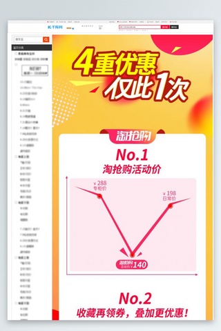 淘抢购橘红渐变流体大促优惠券详情页关联销售模板