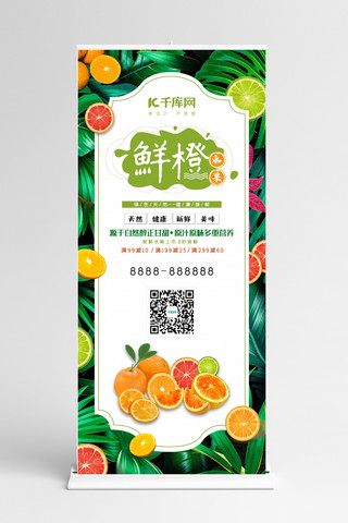 水果x展架海报模板_绿色清新鲜橙水果即时送水果展架