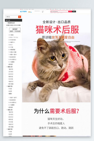 萌猫咪海报模板_宠物用品猫咪术后服红色简约风电商设计详情页