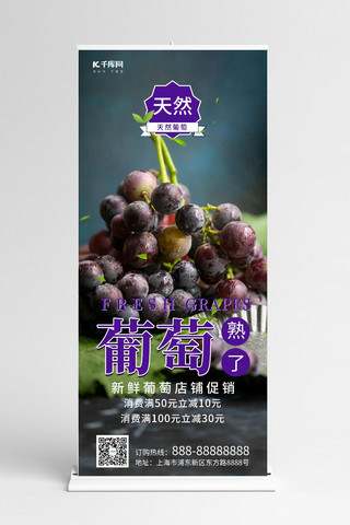 水果提子海报模板_新鲜葡萄水果紫色调简约风格展架