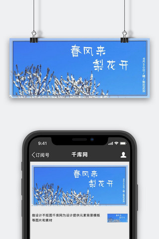 金线梨花海报模板_天空梨花蓝色清爽干净公众号首图