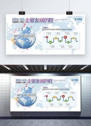 简约风产品海报模板_文化墙蓝色简约风企业发展历程展板