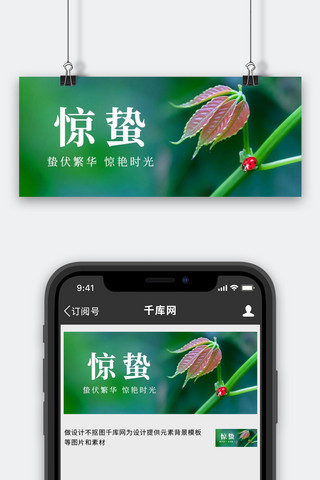 昆虫侧面海报模板_惊蛰绿叶 昆虫绿色简约风公众号首图