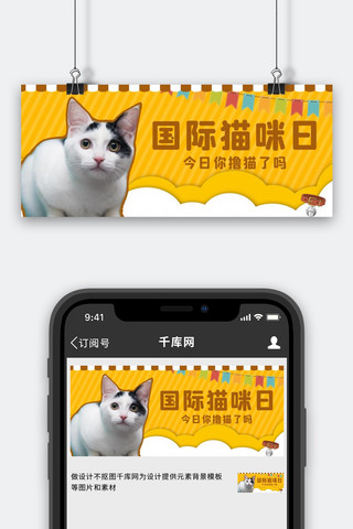 国际猫咪日猫咪黄色卡通公众号首图