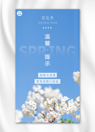 花季促销海报海报模板_温馨提示赏花季蓝色文艺小清新手机海报