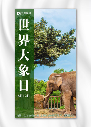 世界大象日大象摄影绿色简约大气手机海报