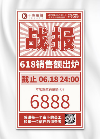 手机海报大促销海报模板_618销售额战报红色报纸风手机海报