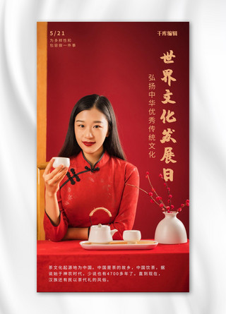 世界文化发展日女茶艺师品茶红色摄影风手机海报