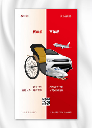 飞机高铁海报模板_百年对比交通工具红色简约海报