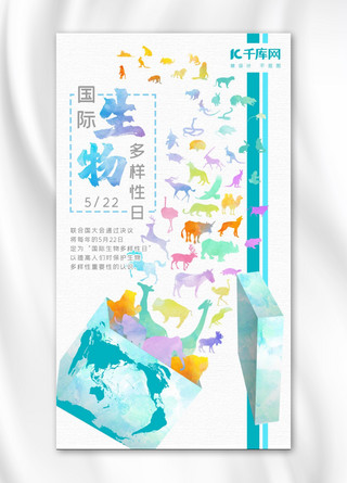 水彩,蓝色海报模板_千库国际生物多样性日蓝色水彩小清新纪念日手机海报