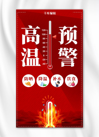 30温度的水海报模板_高温预警 高温提示红色简约手机海报