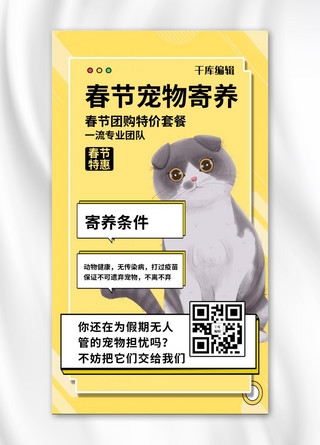 春节宠物寄养黄色卡通海报