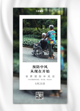 世界预防中风日坐轮椅老人绿色摄影风手机海报