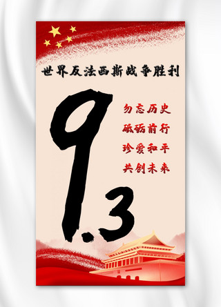 反战争海报模板_反法西斯战争胜利纪念日手机海报红色简约海报