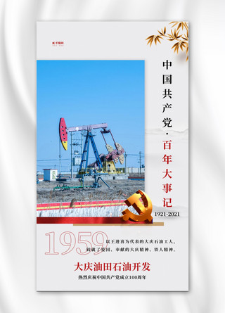 石油钻探海报模板_中国共产党百年大事记白色简约海报