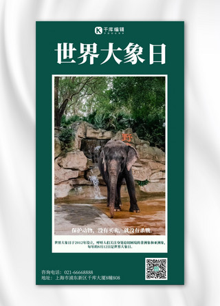 世界大象日大象摄影图绿色简约手机海报