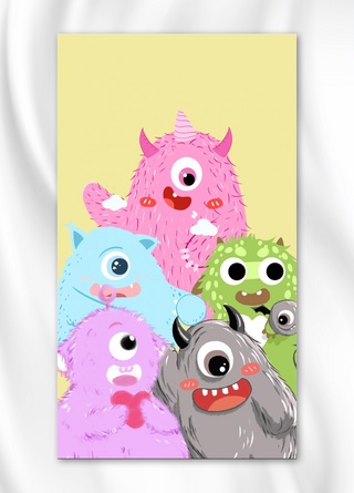 毛绒怪兽小怪兽彩色卡通 手绘 可爱手机海报