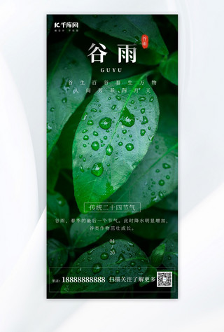 谷雨手机海报海报模板_谷雨二十四节气绿色树叶简约手机海报封面