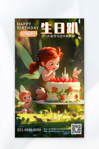 生日快乐海报小精灵生日蛋糕暖色卡通海报